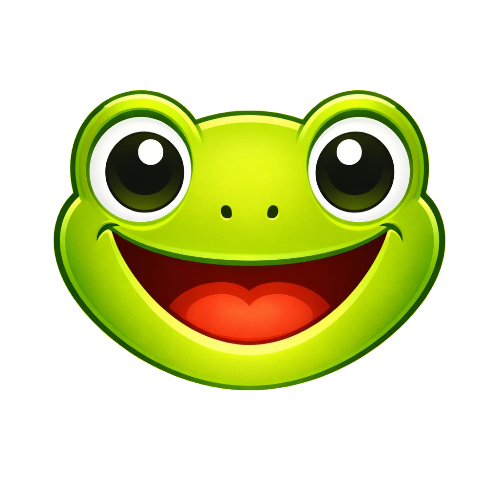 Cartoon image of a smiling green frog face with large eyes and an open mouth.