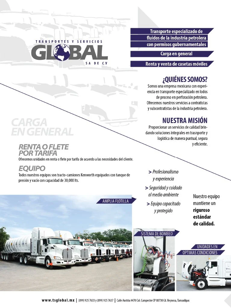 Panfleto publicitario de una empresa mexicana de transporte especializado en fluidos de la industria petrolera, con descripción de servicios, misión, equipo de camiones kenyworth y detalles de la flota y sistemas de bombeo.