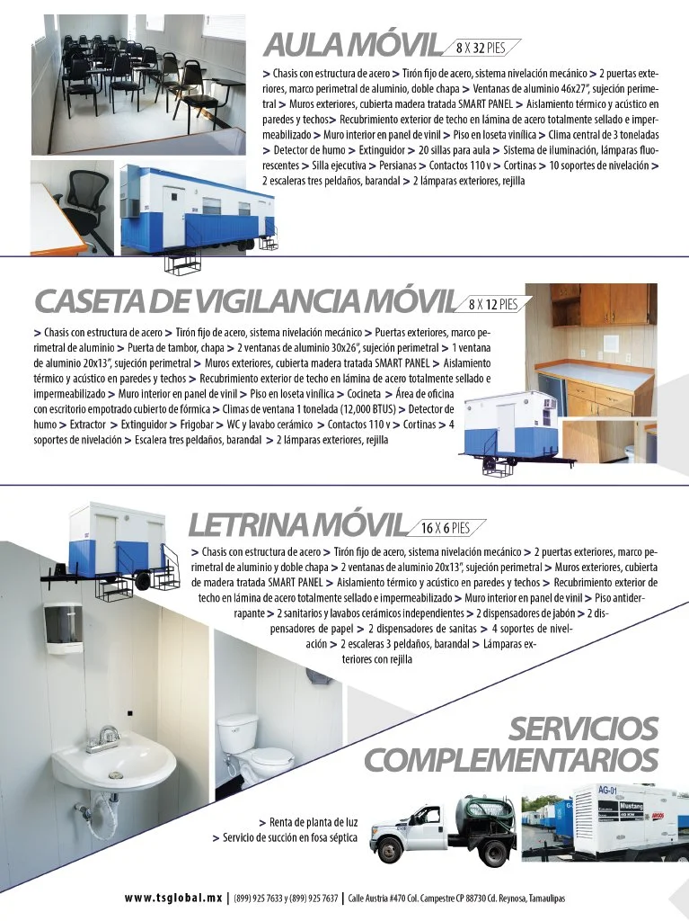 Cuatro contenedores de construcción con equipos y mobiliario para diferentes instalaciones de servicios