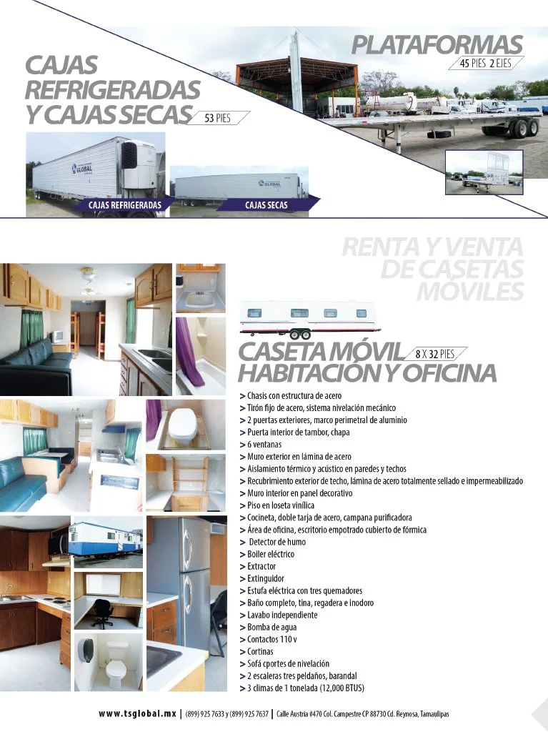 Publicidad de diferentes tipos de contenedores refrigerados y secos, plataformas de transporte, y casetas móviles con descripción de sus características.