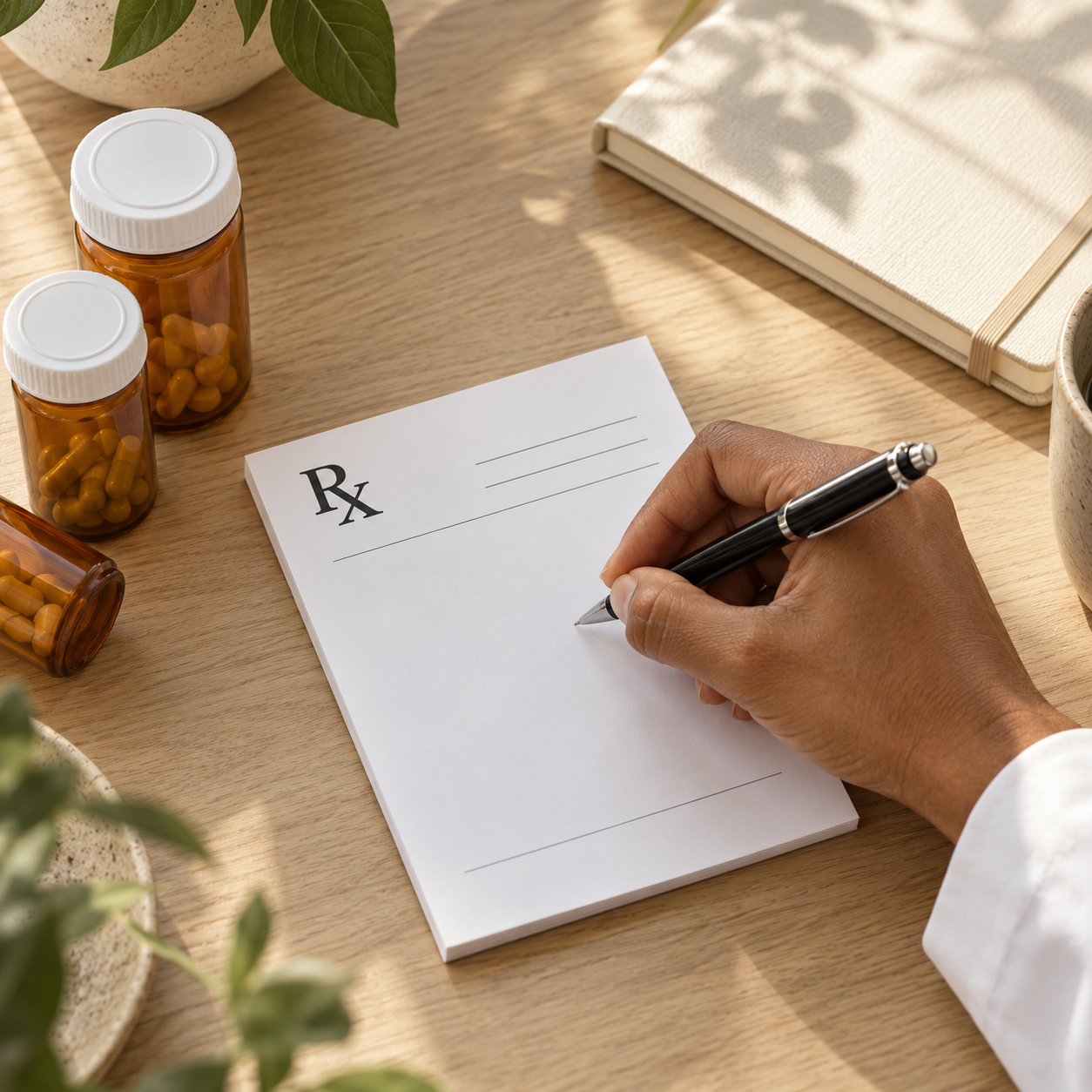Naturopathic prescription consultation with Rx pad and prescription bottles