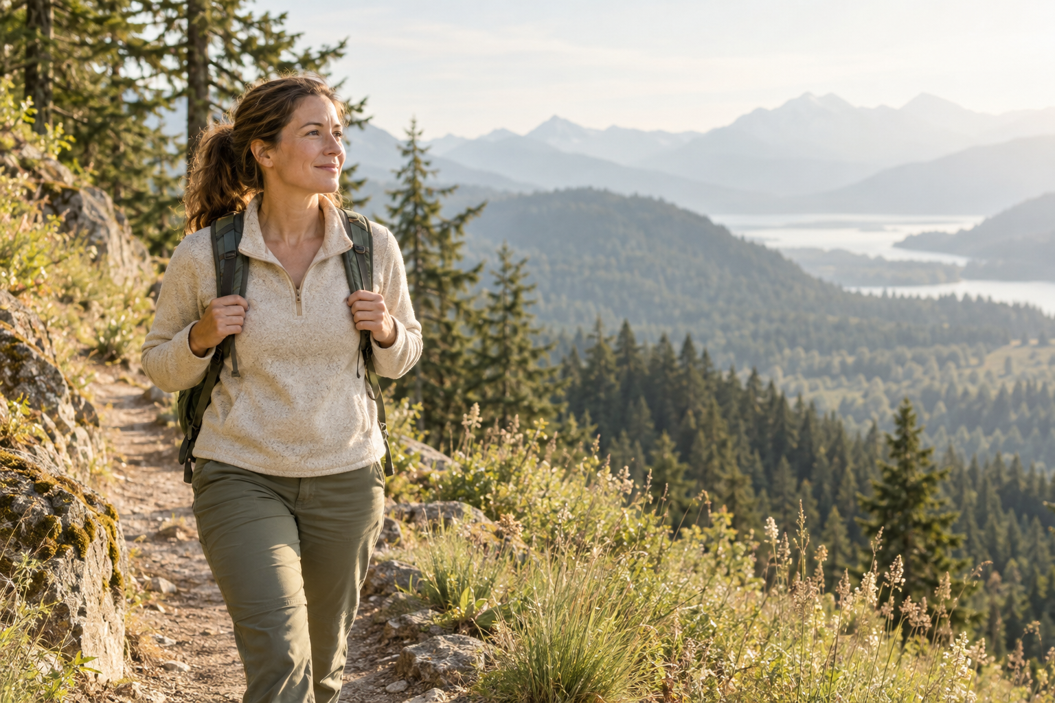 Woman hiking in the mountains for general health and wellness