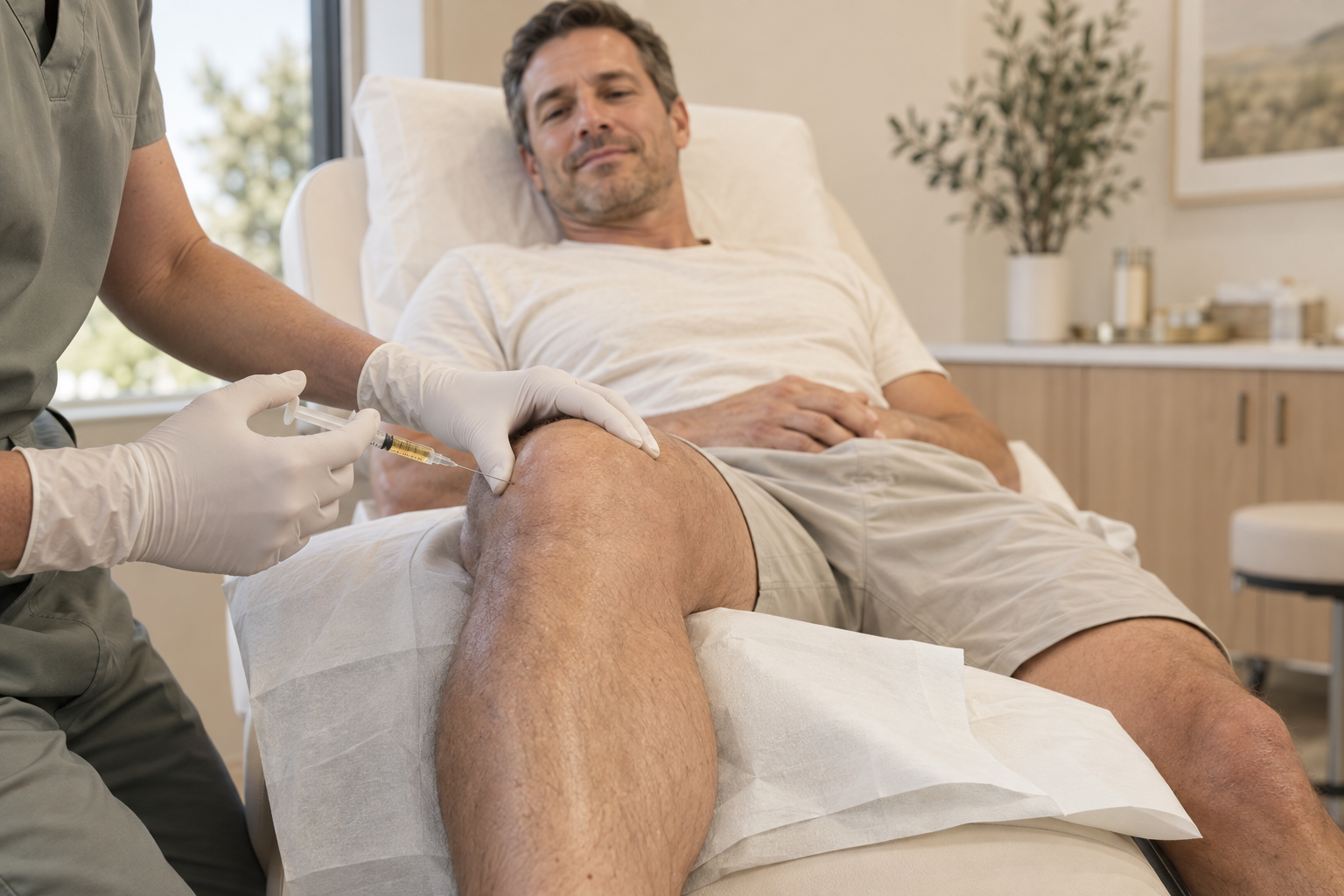 PRP or prolotherapy injection into a male patient’s knee for sports injury and joint-pain care