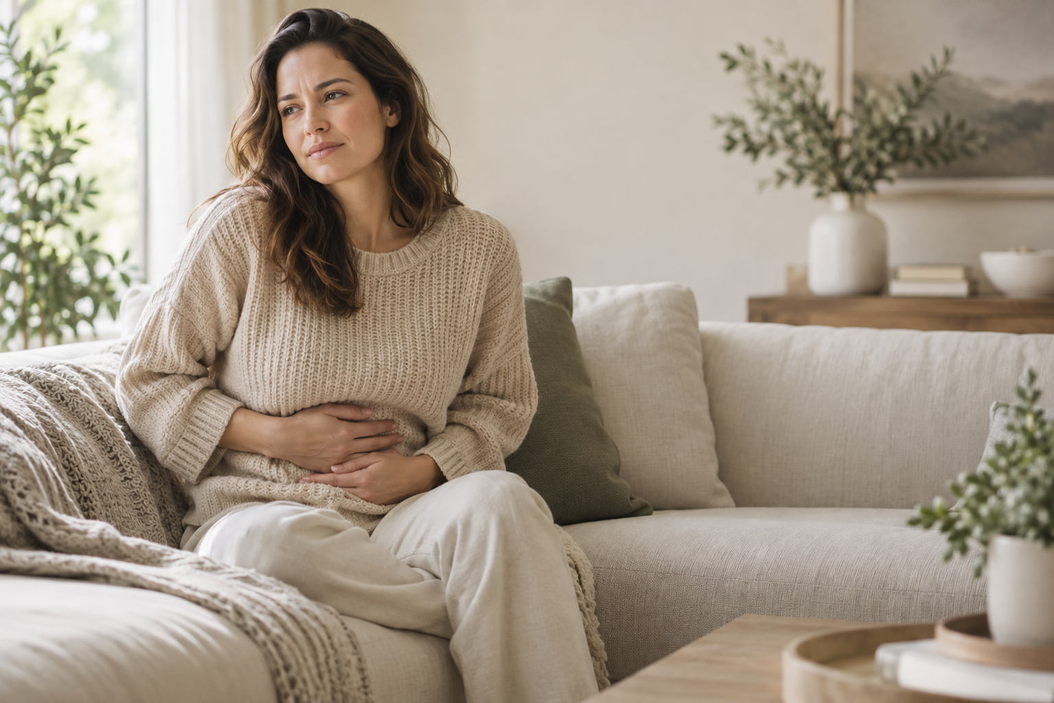 Woman sitting on beige sofa holding stomach, appearing to have stomach pain, in a living room with natural light.