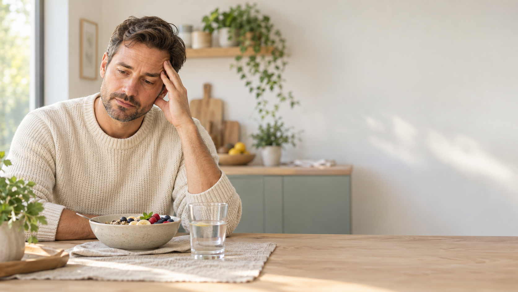 A man sitting at a wooden table looks thoughtfully at a bowl of mixed berries, with a glass of water nearby, in a well-lit kitchen with plants and a minimalist decor.