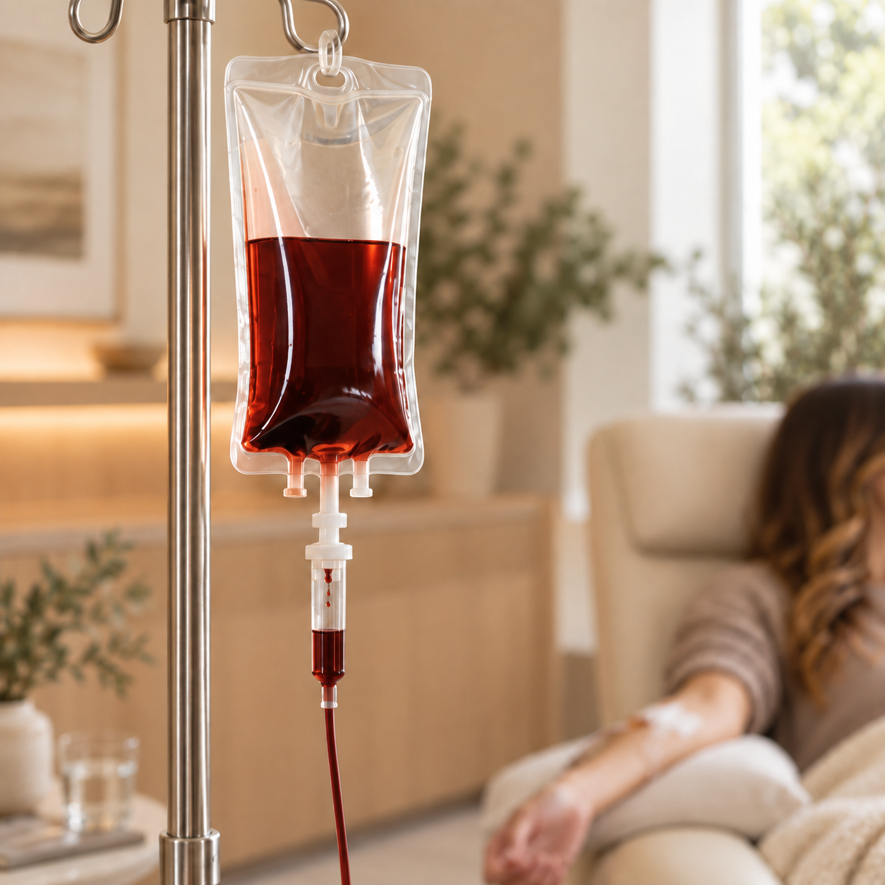 Iron infusion therapy with red iron solution and IV tubing