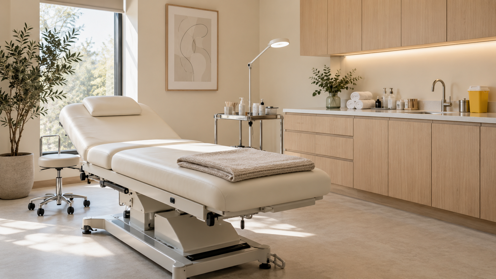 Private aesthetics and sports medicine treatment room with an adjustable exam table, pale wood cabinetry, and clinical treatment counter.