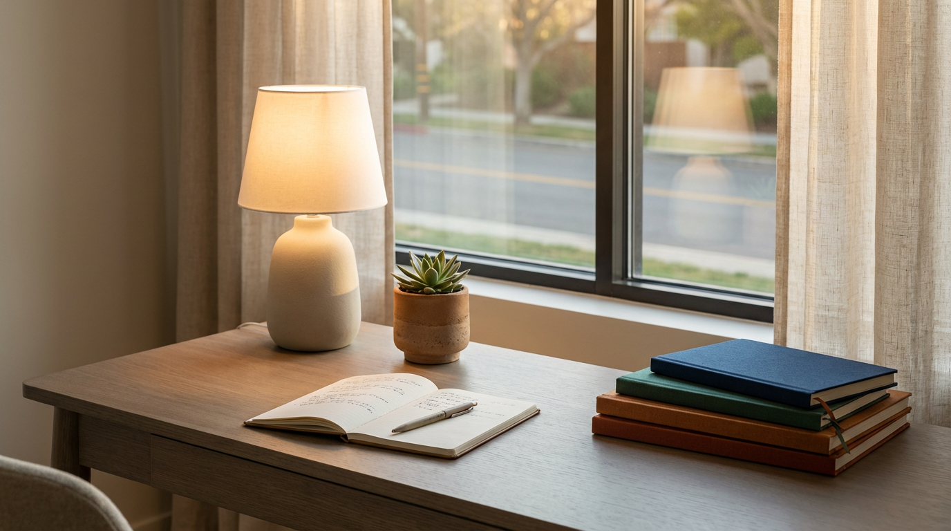 A wooden desk near a window with beige curtains, a lit table lamp, a small potted succulent, an open notebook with a pen, and four stacked hardcover books in blue, green, orange, and red.