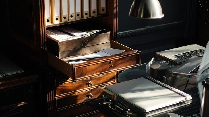 Wooden desk with open drawers, documents, a laptop, a notebook, and a desk lamp in a dimly lit office