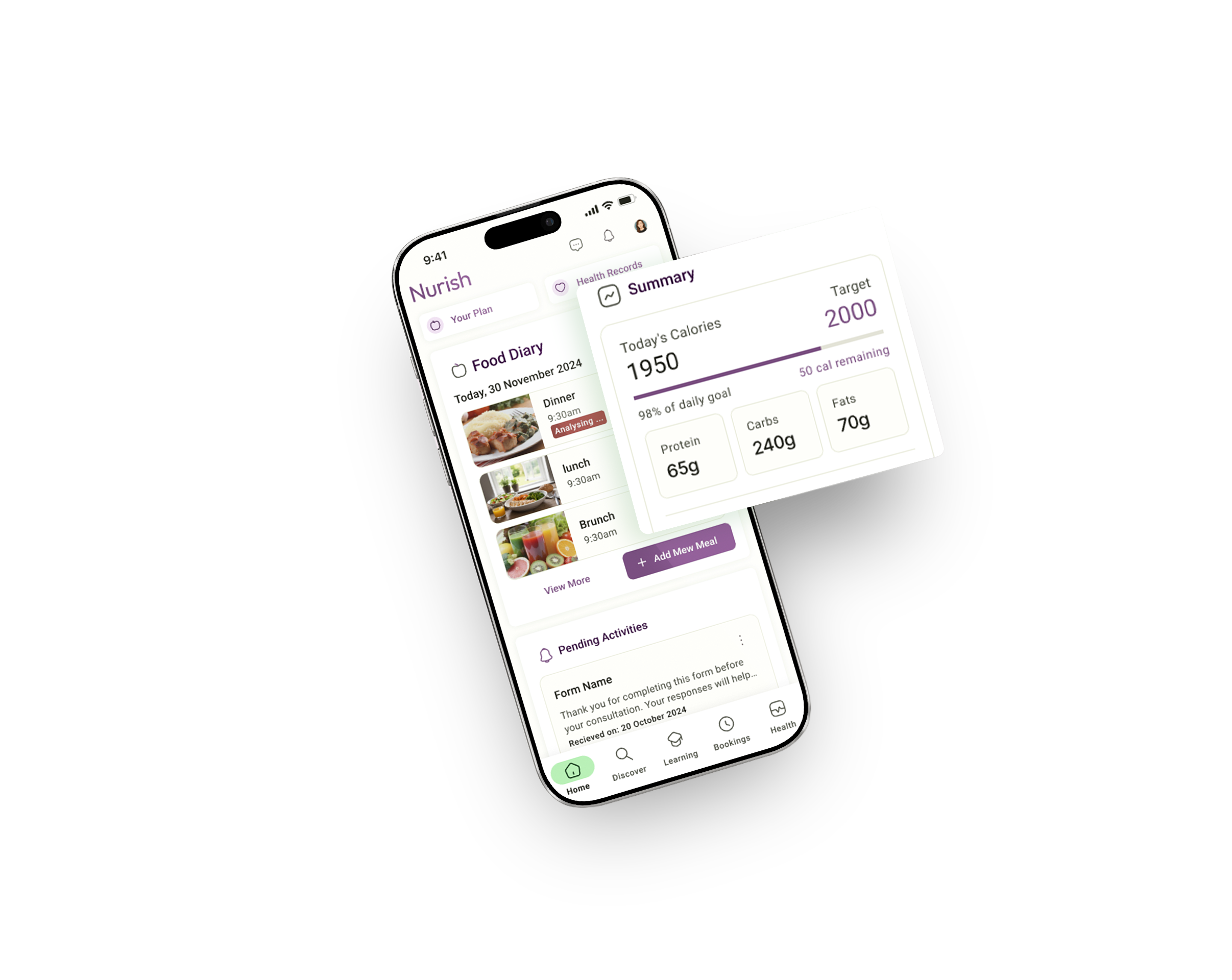 Smartphone displaying a health and food tracking app with sections for daily calories, meals, and nutritional details.
