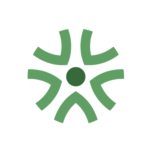 A green abstract symbol with curved lines radiating from a central dot, resembling a stylized flower or emblem.