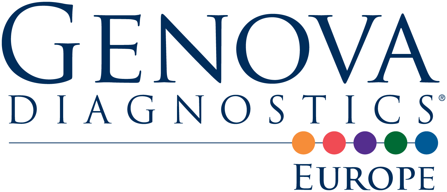 Genova Diagnostics Europe logo in navy blue with orange, pink, purple, green, and blue circles below the text.