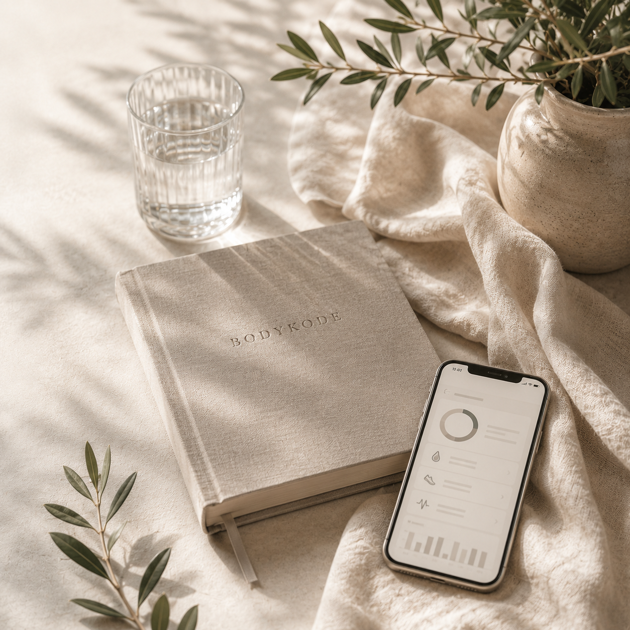 A flat lay of a neutral-colored table with a glass of water, a beige journal labeled 'BODYKODE', a potted plant with green leaves, a smartphone displaying a health app, and a light-colored fabric draped across the surface.