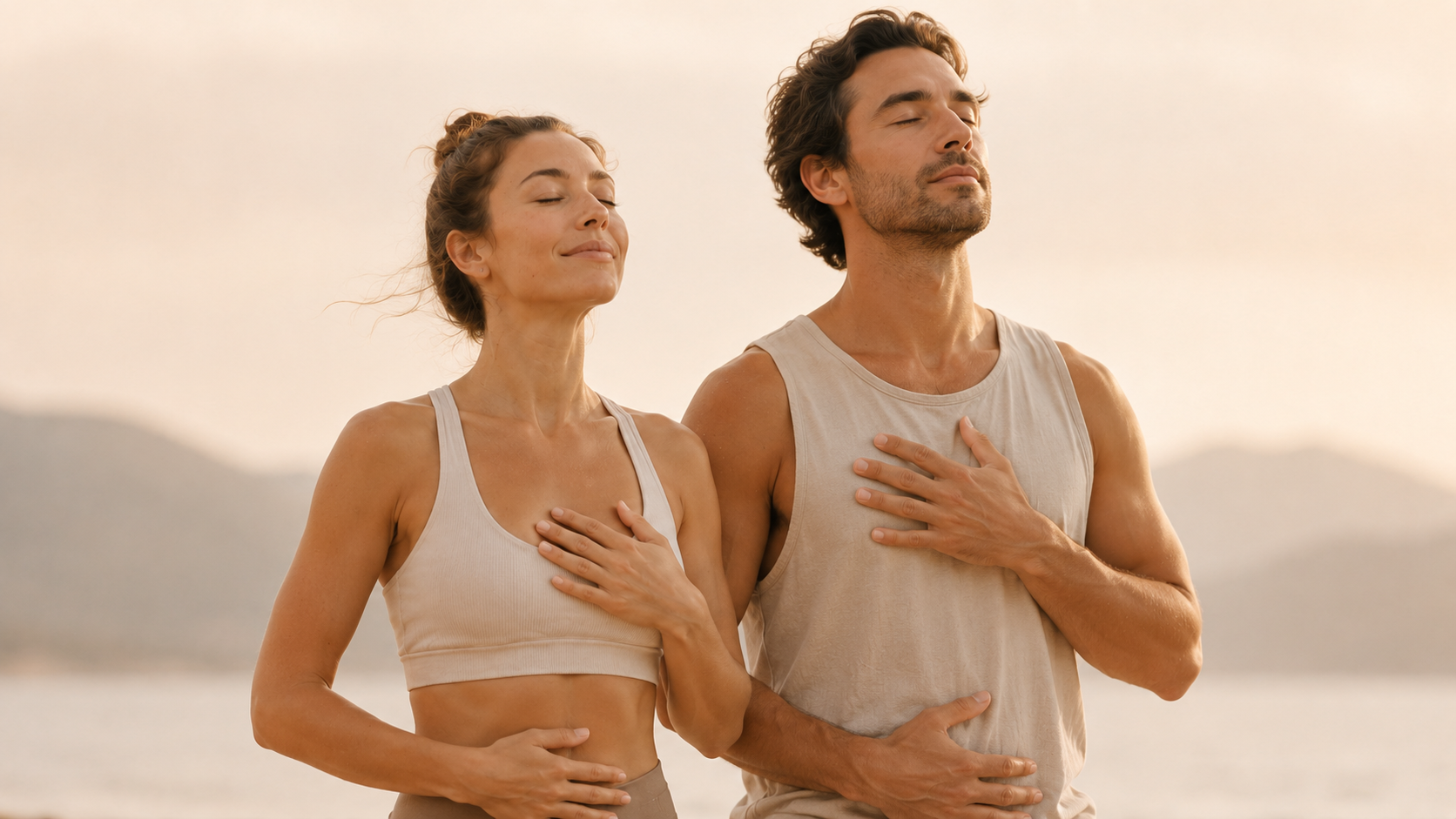 A man and woman standing outdoors with eyes closed and hands on their chests, appearing to meditate or practice mindfulness. The woman is wearing a sports bra and the man a sleeveless shirt, both in neutral colors. The background shows a soft, blurred landscape, possibly at sunrise or sunset.