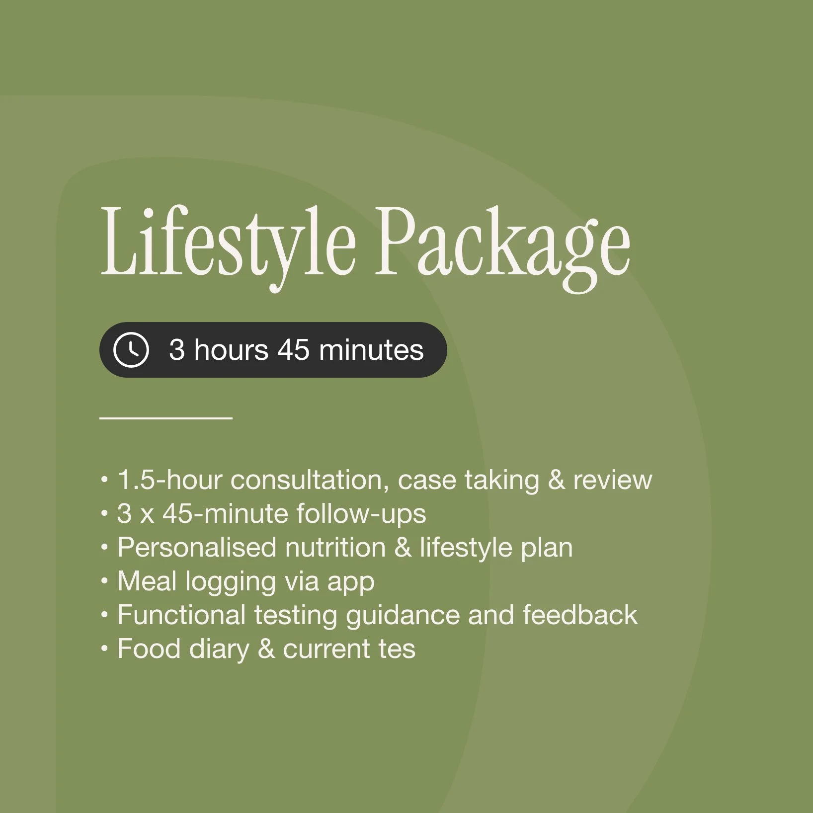 Green background with white and black text listing a lifestyle package including time duration and key features such as consultations, follow-ups, personalized plan, meal logging, testing, food diary.