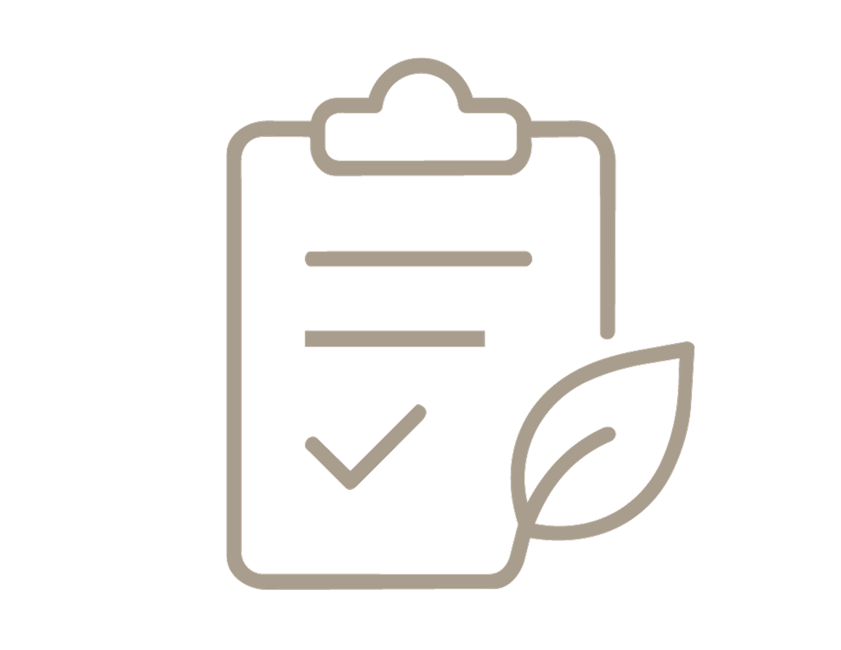 Line drawing of a clipboard with a checklist, accompanied by a leaf.