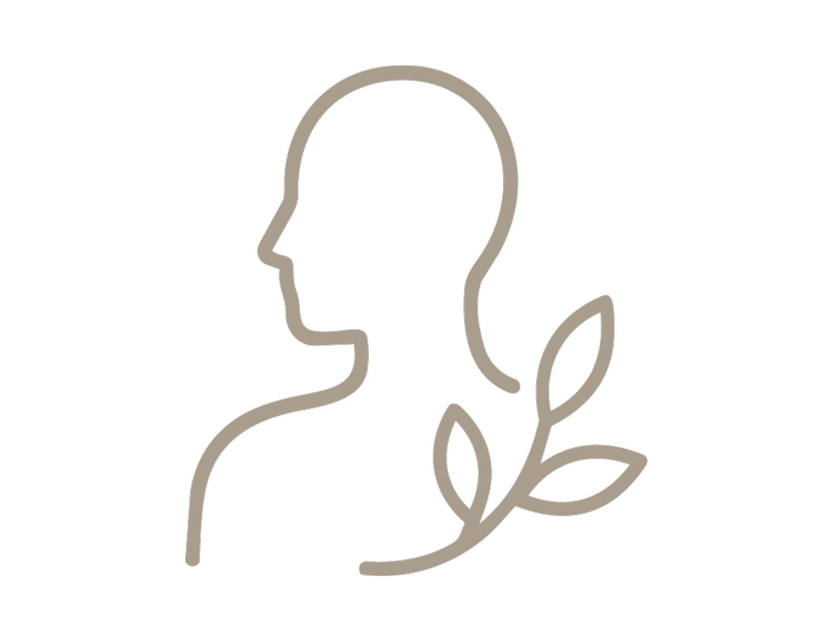 Minimalist line drawing of a woman's side profile holding a branch with leaves.