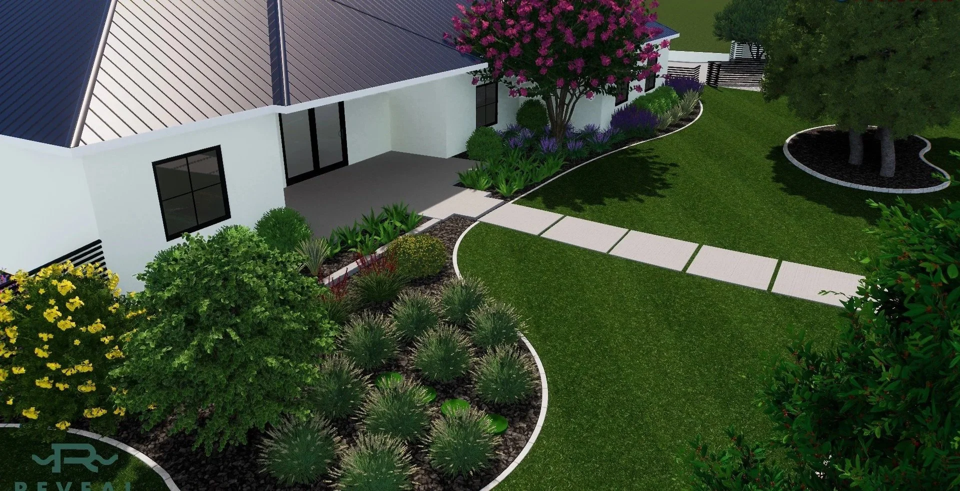 3D rendering of a back yard landscape design with a curved walkway and planting beds