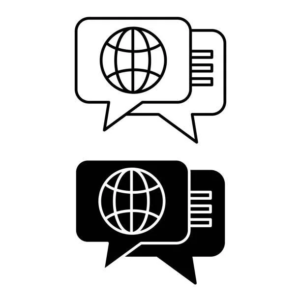 Icon of a globe inside a speech bubble, with a connection symbol, shown in both outline and filled black versions.