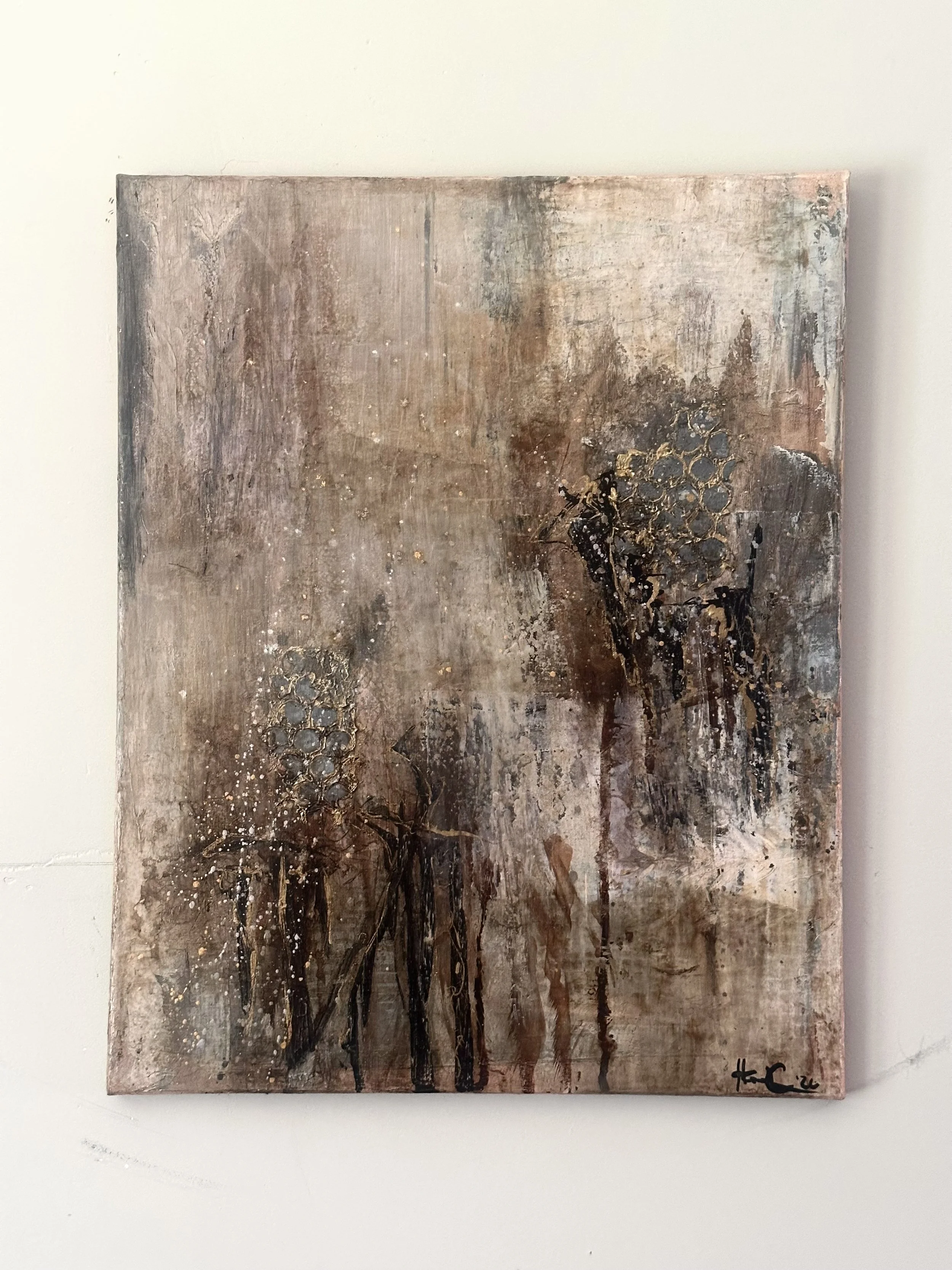 Abstract textured painting with earthy tones, dark lines, and honeycomb-orb like patterns.