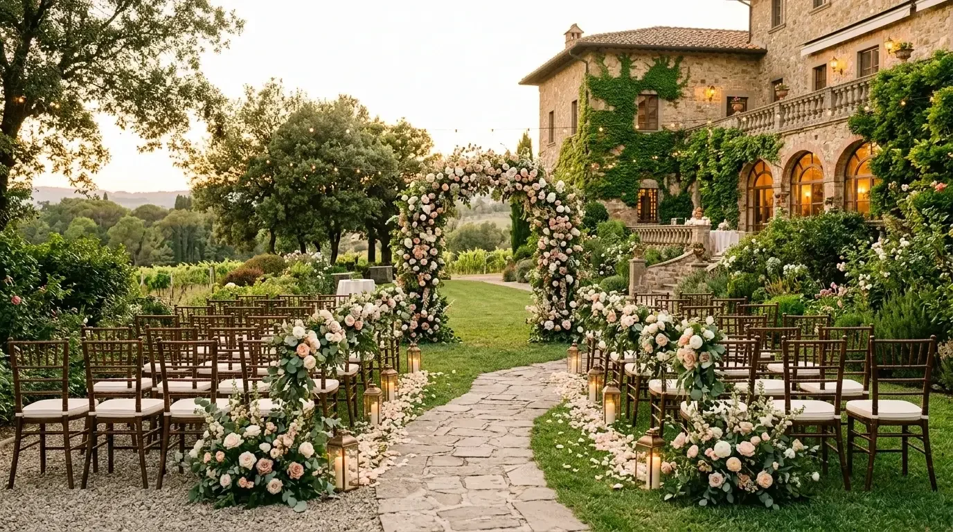 Outdoor wedding ceremony setup with rows of chairs, floral arrangements, a stone pathway, an arch decorated with flowers, and a large stone house in the background during sunset.