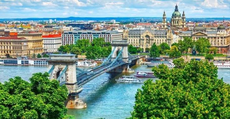 A panoramic view of Budapest with the Chain Bridge over the Danube River, historic buildings, and St. Stephen's Basilica in the background under a partly cloudy sky, surrounded by green trees.