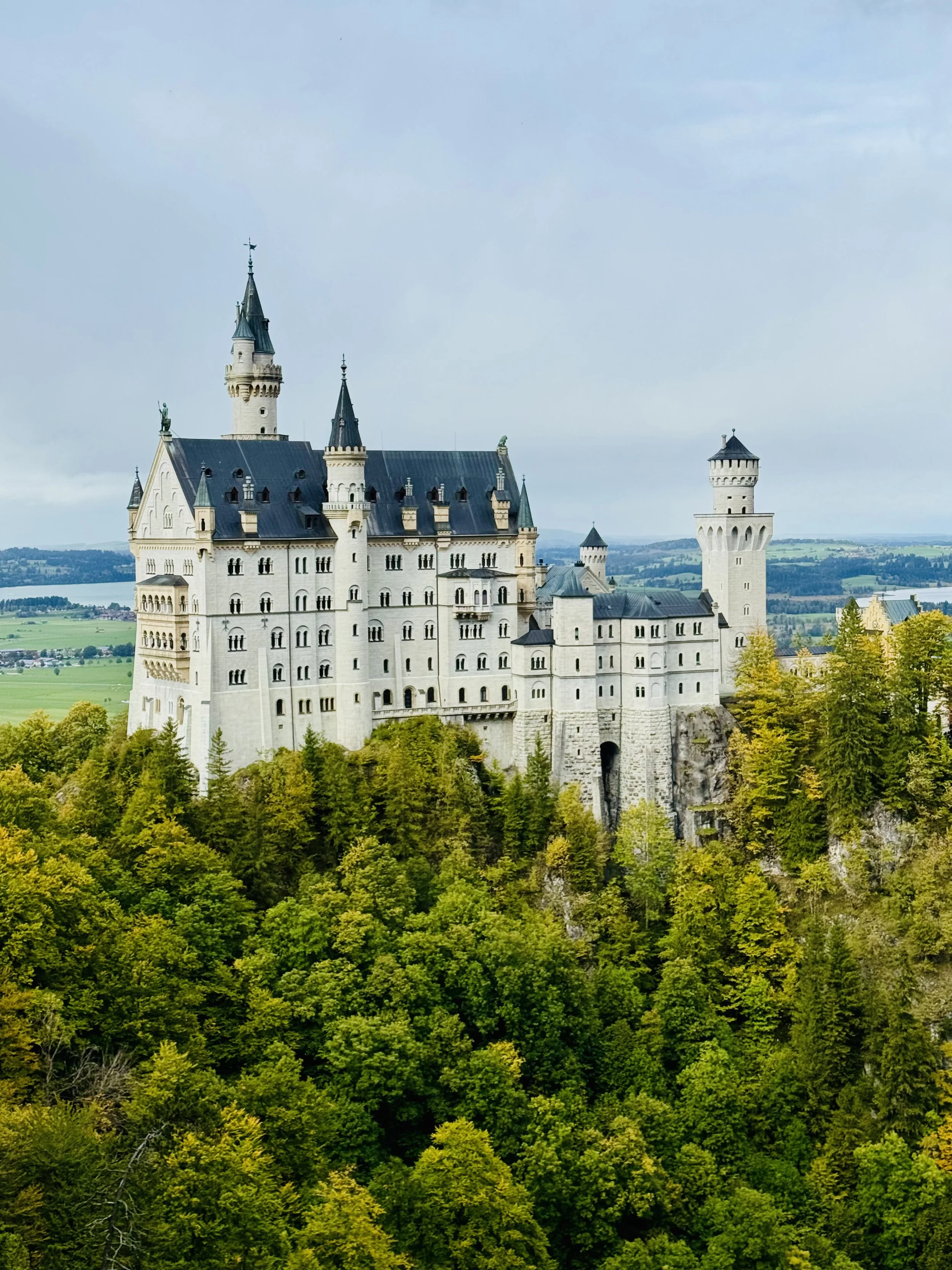 Tall fairytale castle with multiple turrets and towers, surrounded by lush green trees, and a body of water in the background under a cloudy sky.