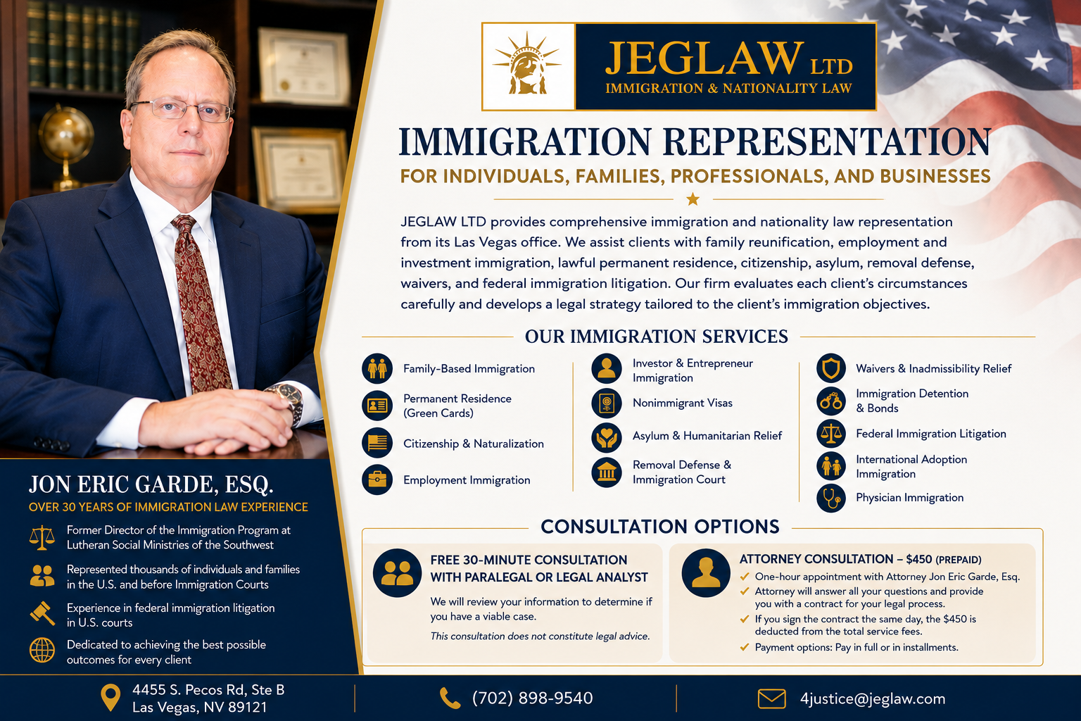 Business card for JEGLAW LTD, a law firm specializing in immigration and nationality law, featuring a photo of a male lawyer in a suit. Includes services offered, contact information, and a list of immigration-related legal services.