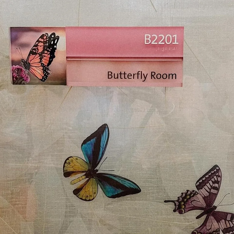 Sign indicating the Butterfly Room with a picture of a butterfly and real butterfly decorations.