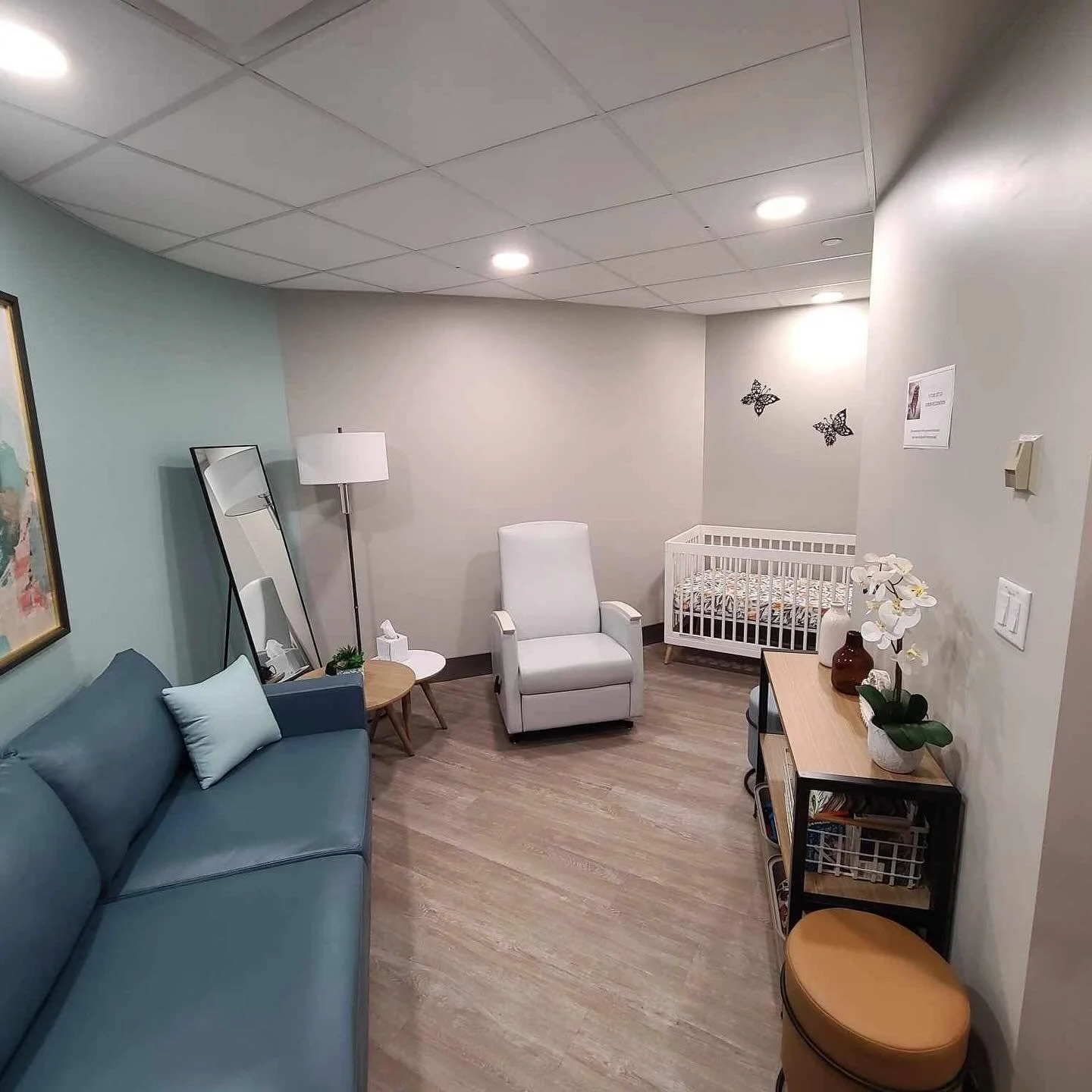 A cozy nursery room with light-colored walls, a gray sofa with pillows, a white armchair, a small side table with a plant and tissue box, a crib with a patterned mattress, a bookshelf with books, a potted orchid, and decorative butterfly wall art.