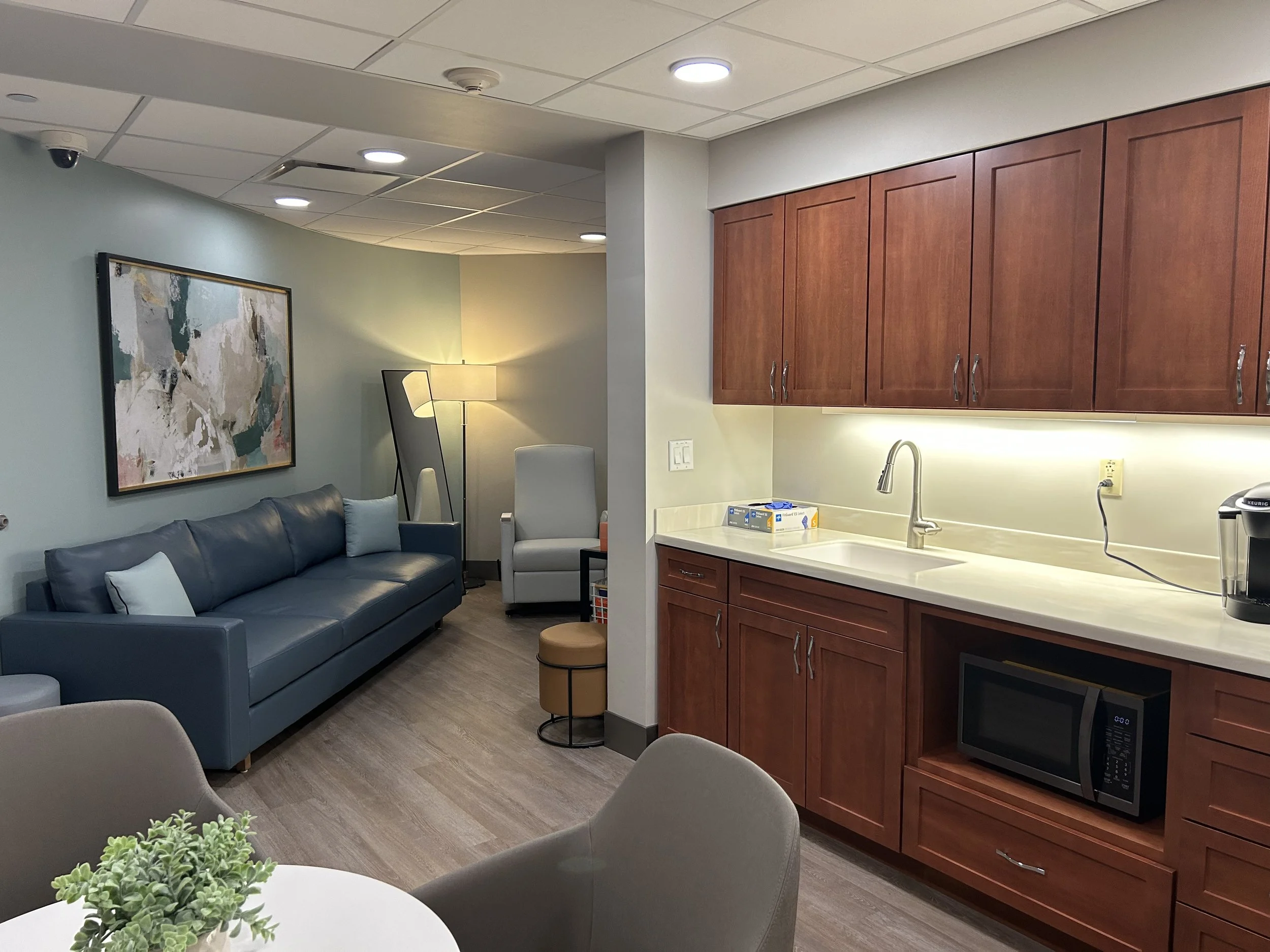 The interior of the butterfly room showing that it is private, modern, and comfortable for grieving families in hospitals.