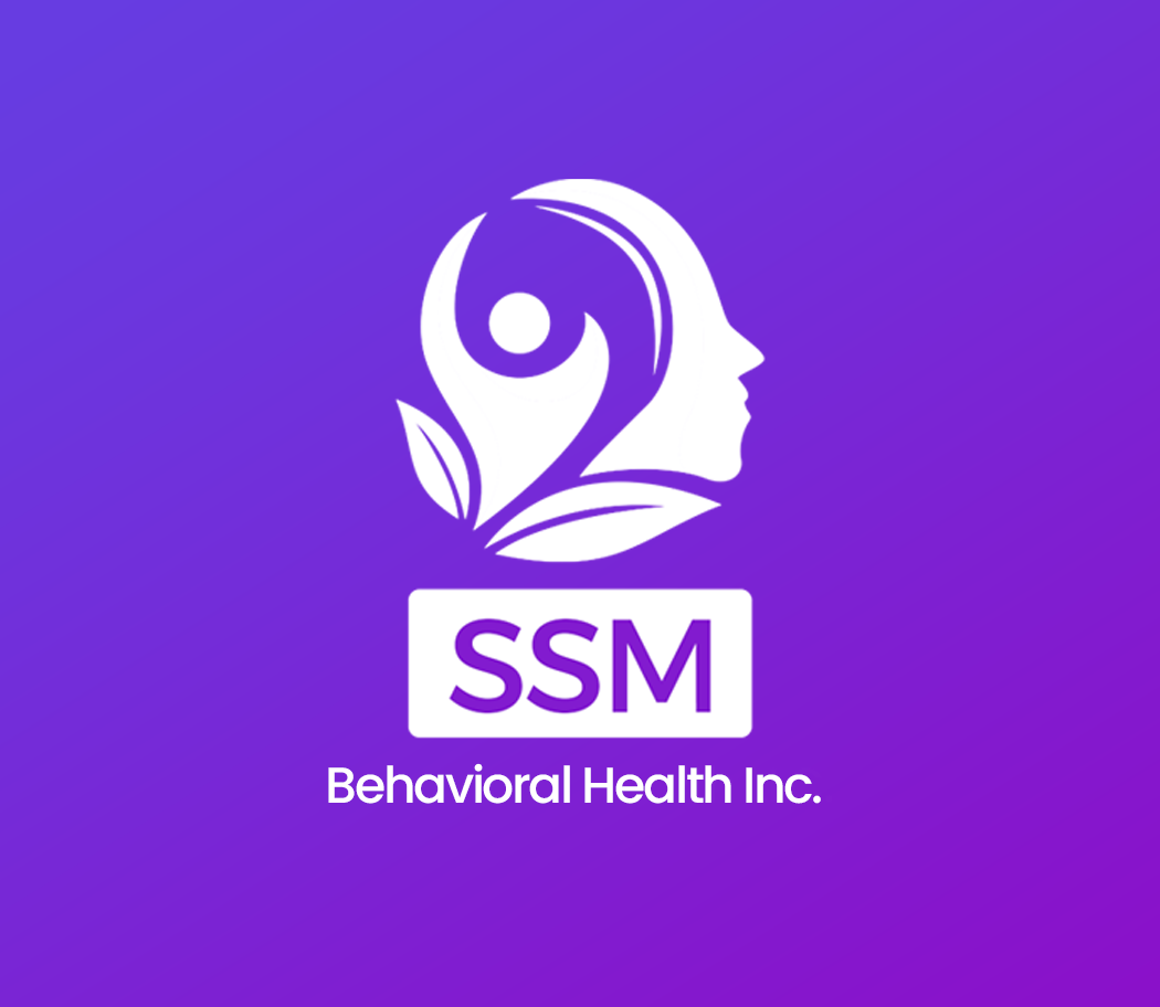 Logo of Behavioral Health Inc. featuring a stylized profile of a woman's face with a central circular element, with the text 'SSM' and 'Behavioral Health Inc.' on a purple background.