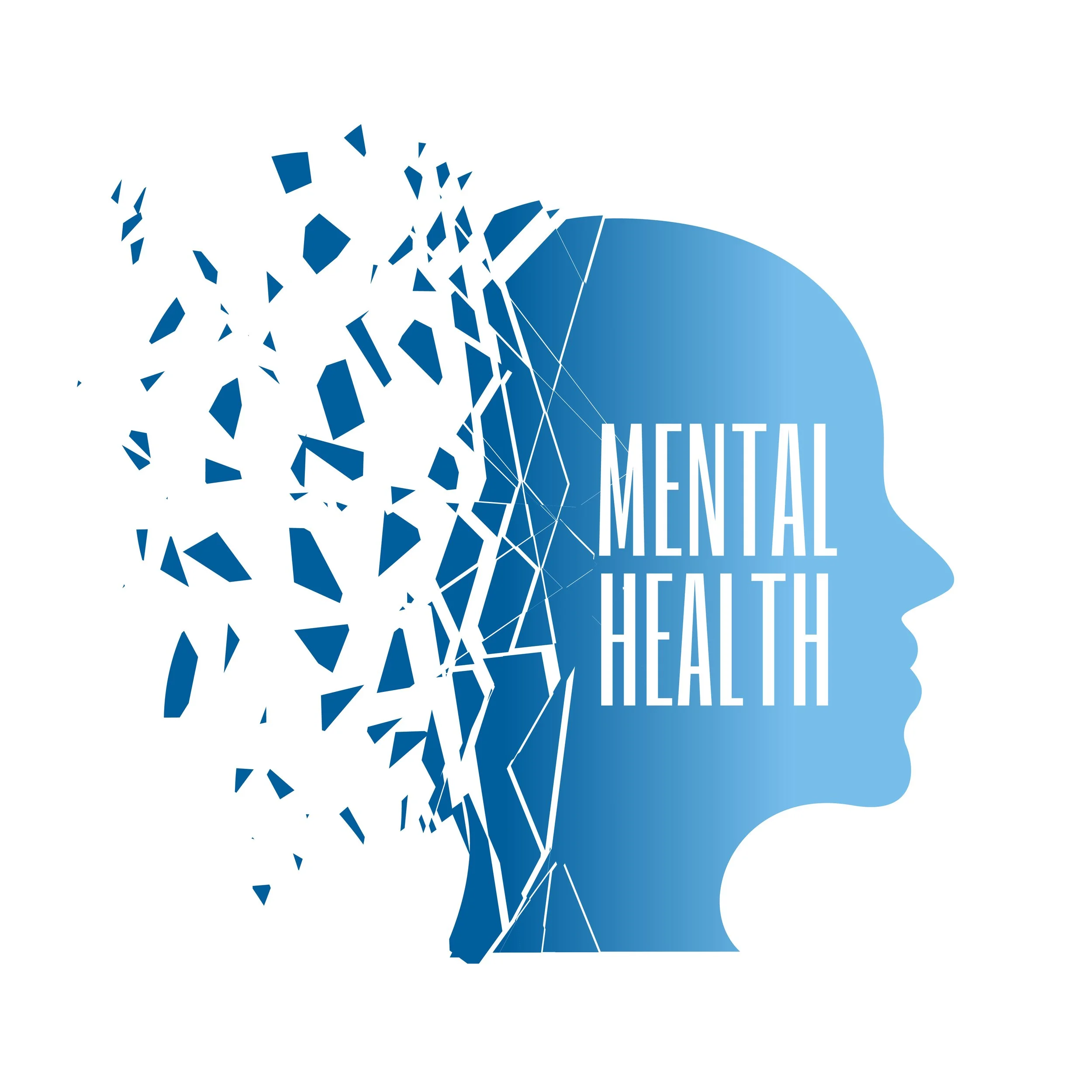 Graphic of a human face made from broken blue geometric shapes, with the words 'MENTAL HEALTH' partially visible in white text.