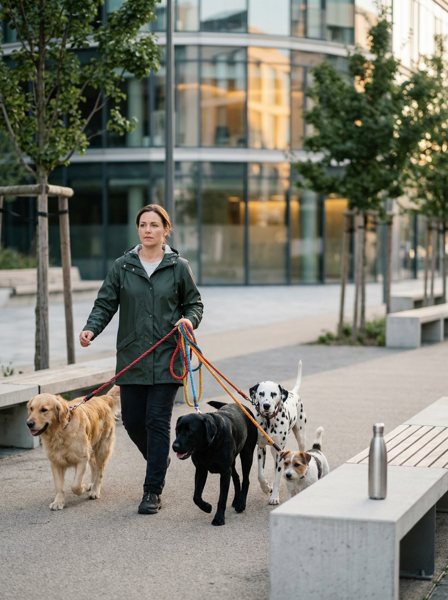 A woman walking four dogs of different breeds and sizes on leashes in an urban park or plaza with modern glass buildings and trees in the background.