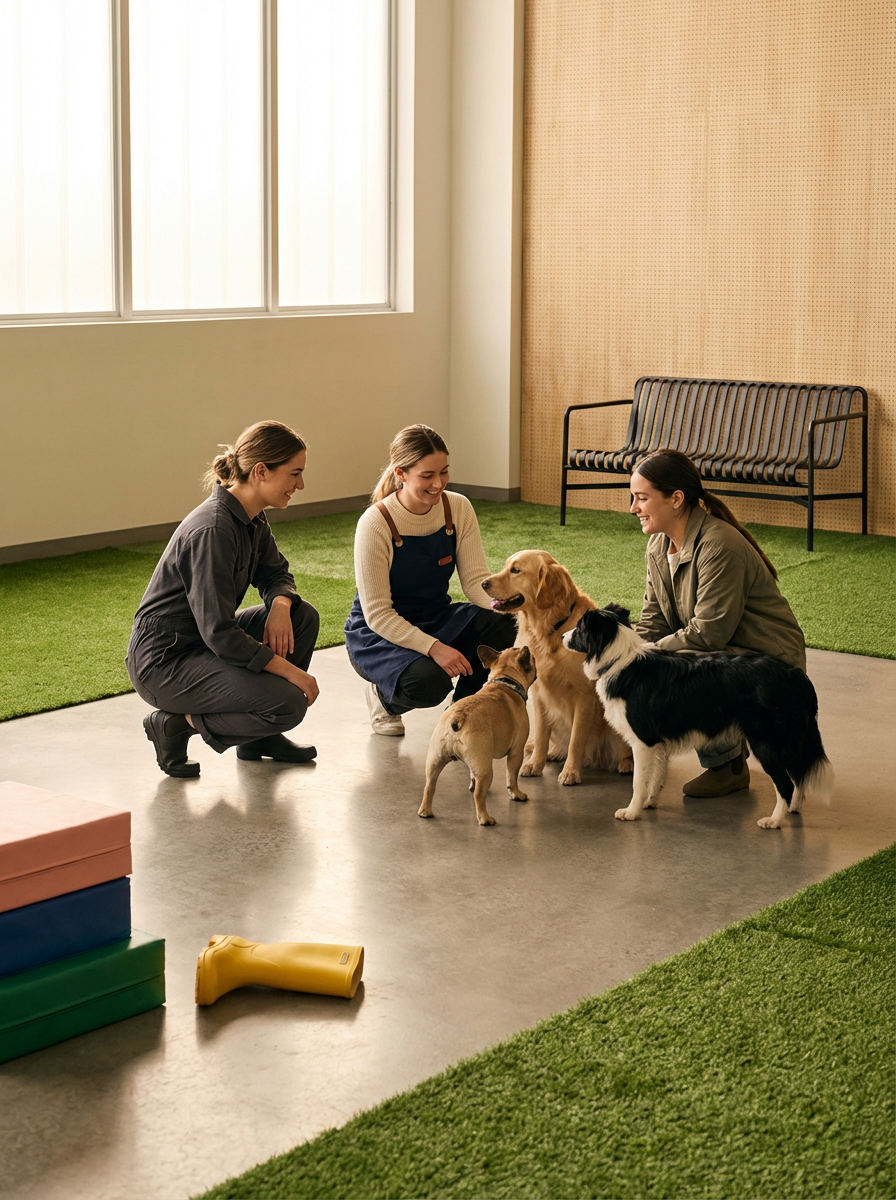 Three women training therapy dogs indoors with four dogs, in a room with large windows, artificial grass, and potted plants.
