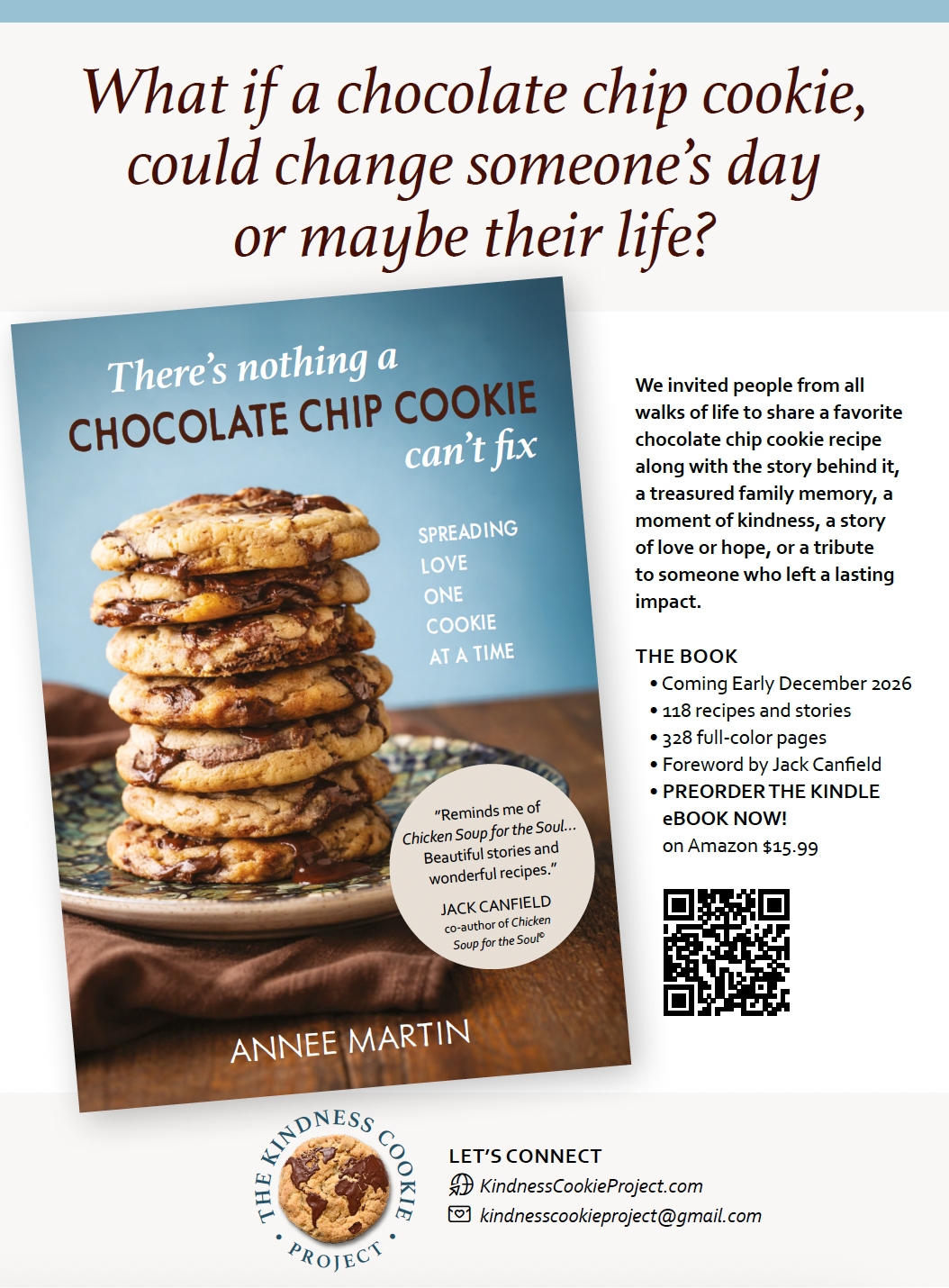 A promotional flyer for a book about chocolate chip cookies, featuring a stack of cookies on a plate, and text about the book’s contents, release date, and contact information.
