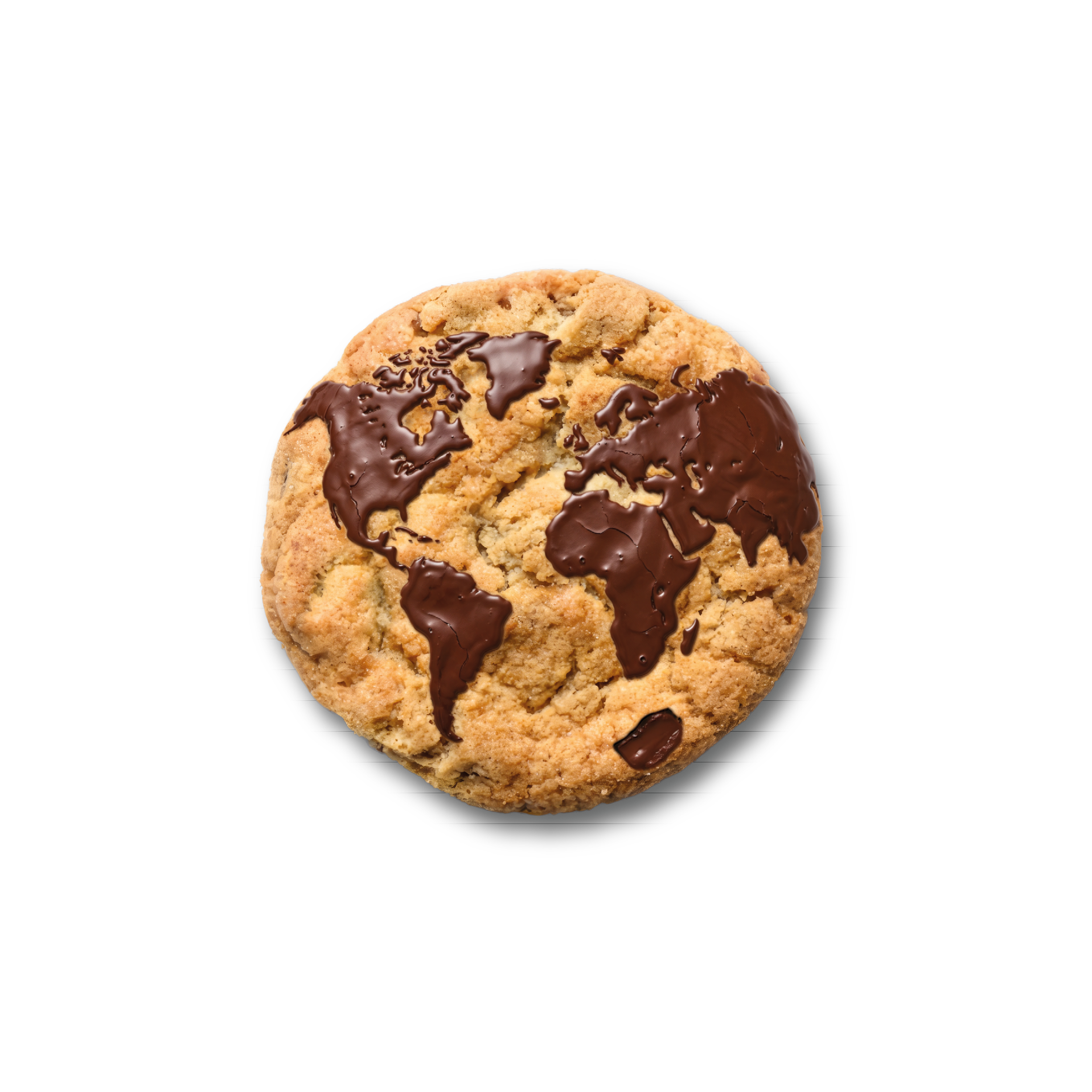 Close-up of a chocolate chip cookie with chocolate drizzle on top, overlayed with partial circular text.