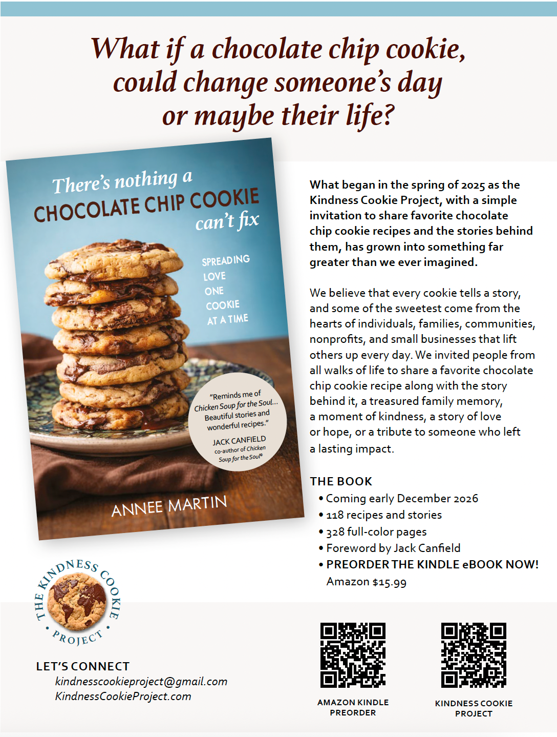A promotional poster for a book titled 'There’s nothing a chocolate chip cookie can’t fix,' by Annee Martin, featuring an image of a stack of chocolate chip cookies on a plate. The poster includes information about the book's release, contents, and preorder options, with QR codes for Kindle and physical copies.