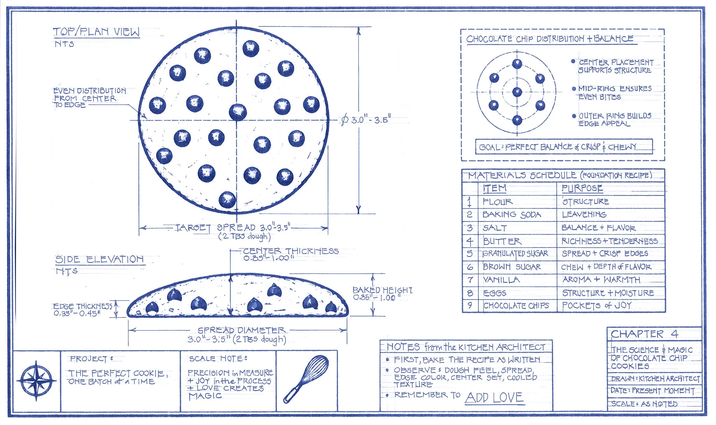 Architectural blueprint of a chocolate chip cookie, showing top and side views with detailed measurements and notes on ingredients and construction.