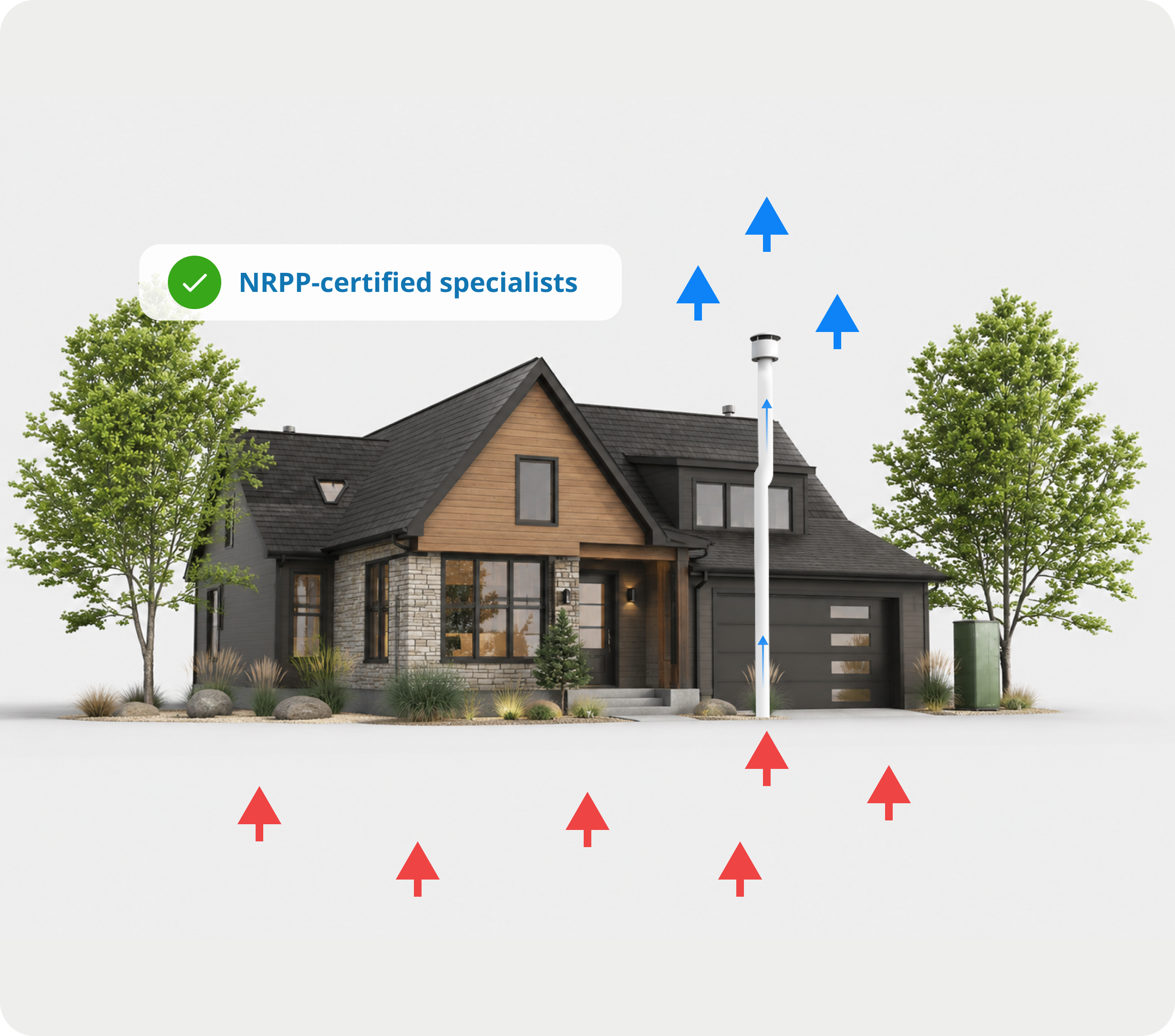 A modern two-story house with a gray roof, brick and wood exterior, large windows, and surrounded by trees and landscaping. There are arrows pointing in different directions, indicating temperature or airflow.