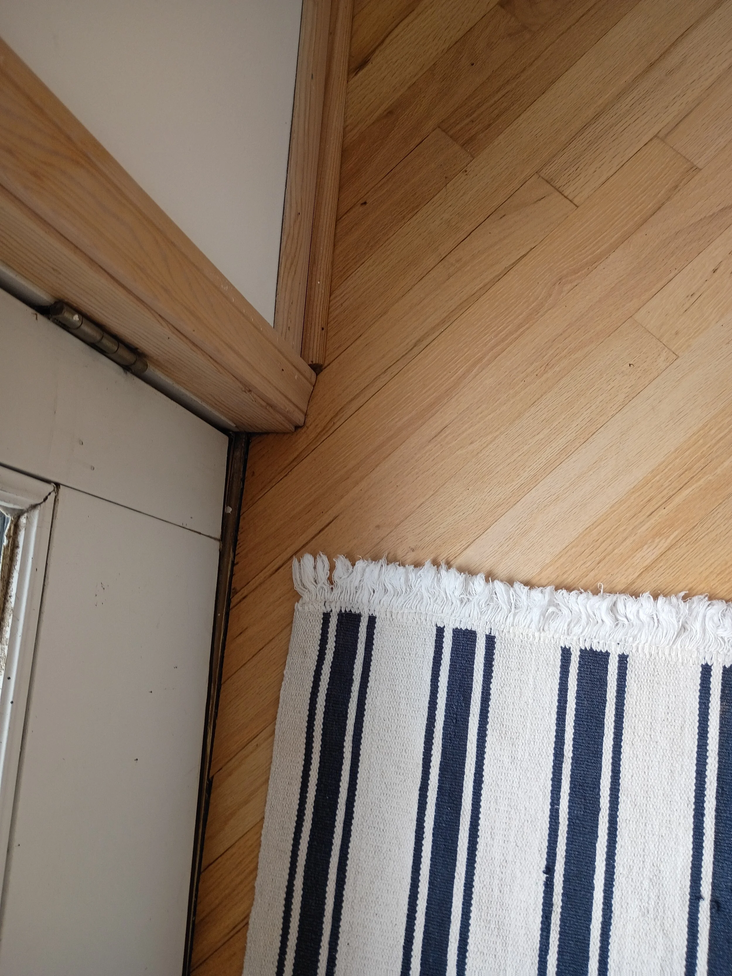 Corner of a room with wooden floors, trim, and a white rug with blue stripes near a door frame.