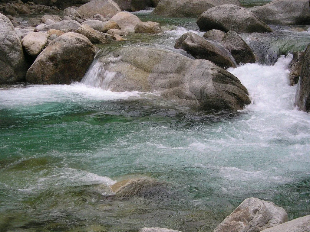 Une rivière avec de l'eau claire qui coule sur des rochers et des pierres.