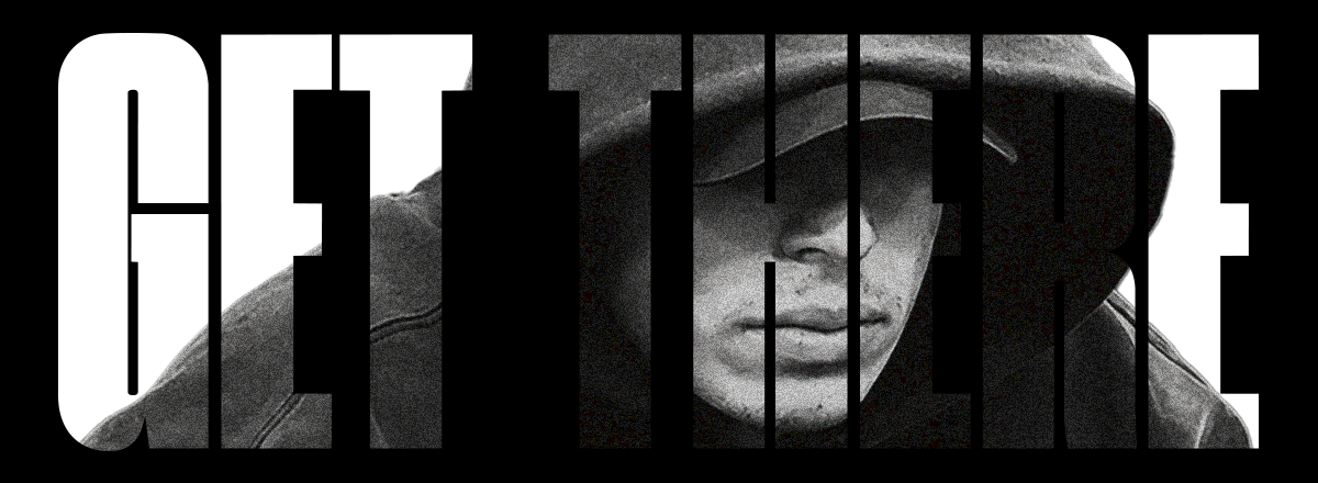 Black and white photo of a young man wearing a hoodie, with the phrase 'GET FIGHT' in large bold letters overlaid.