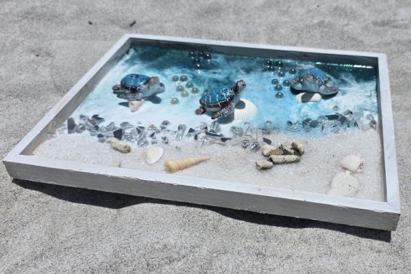 Miniature ocean scene with three small turtle figurines in a shallow sandbox pool, decorated with seashells, rocks, and pebbles.