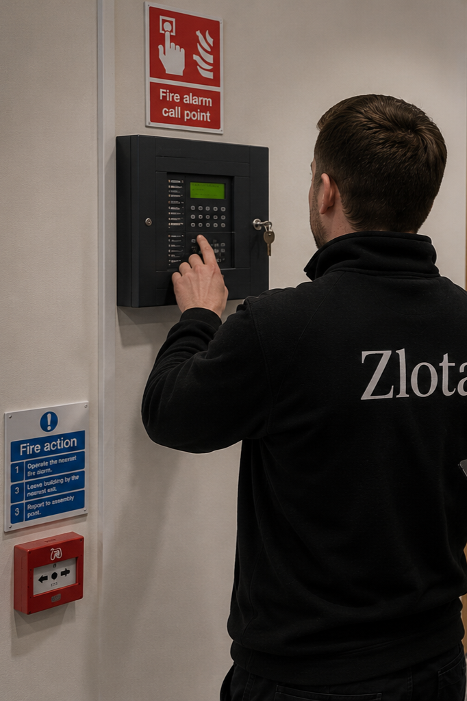 Zlota technician testing a fire alarm call point in a building hallway during a fire safety inspection.