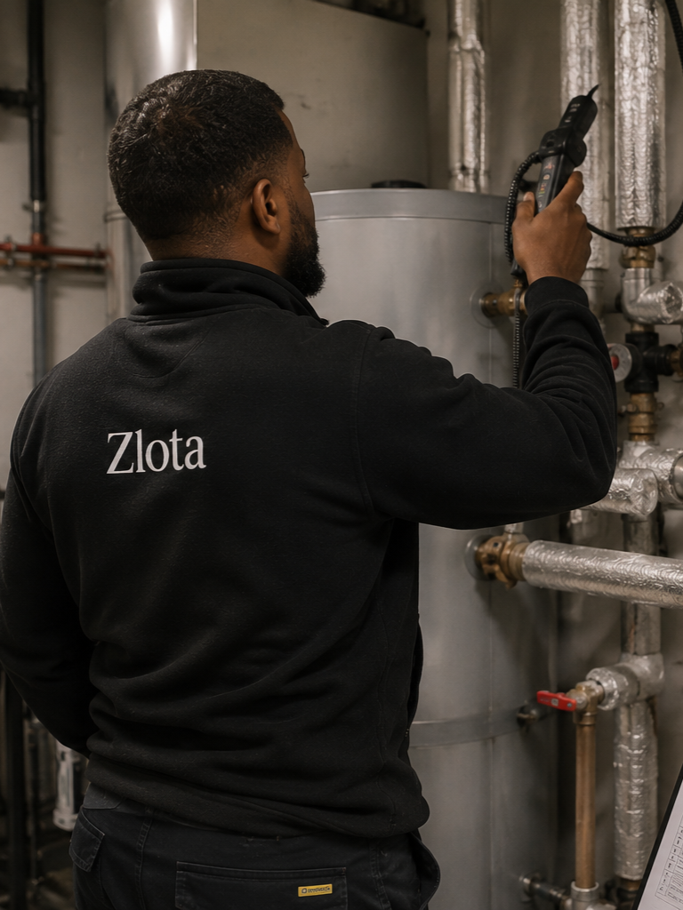 Zlota technician inspecting pipework in a building in London as part of a maintenance visit.