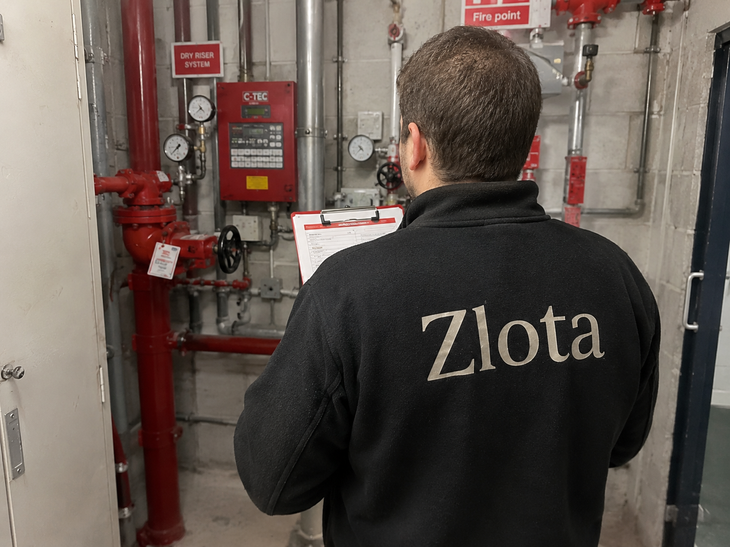 Zlota assessor holding a clipboard while inspecting fire safety equipment on site.