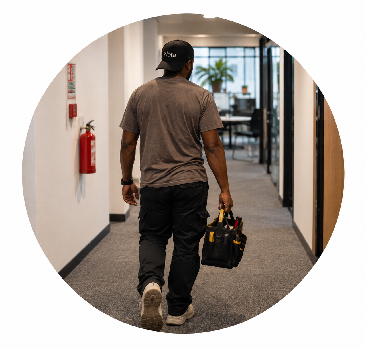 Zlota property maintenance professional carrying tools through a London property.