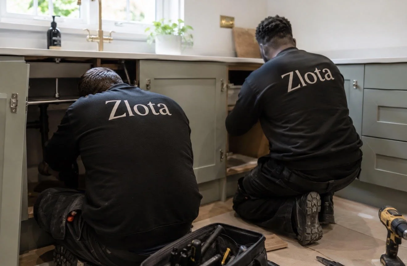 Two workers kneeling on the floor installing or repairing kitchen cabinets, wearing black uniforms with 'Zlota' printed on the back, with tools and a toolbox nearby in a kitchen with a white countertop, a window with a plant, and a sink.