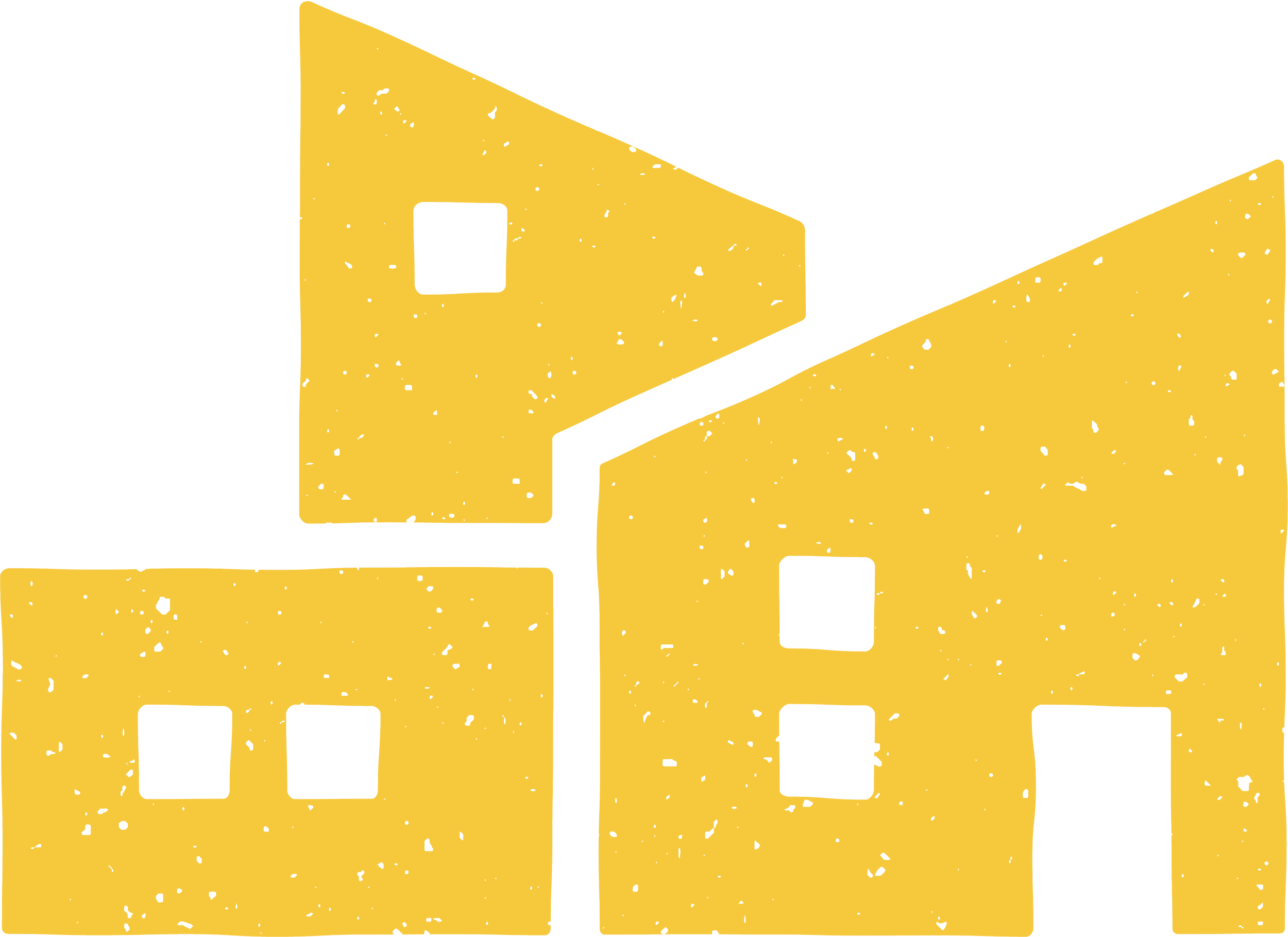 Yellow and black diagram of a house with a chimney, windows, and a door.